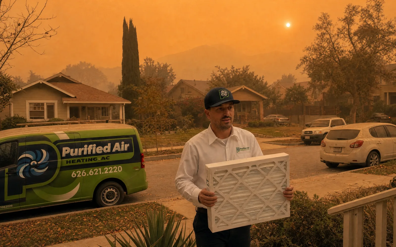 Purified Air technician carrying a MERV 13 filter to a Pasadena home during a wildfire smoke event, with heavy orange haze over the San Gabriel Mountains
